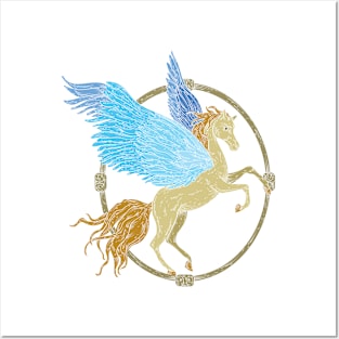 Pegasus with blue wings in a wooden frame Posters and Art